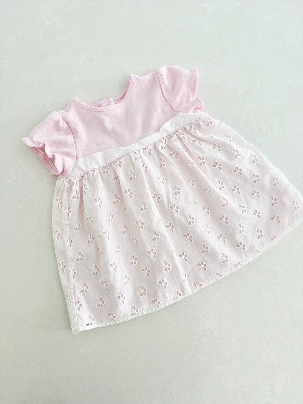 Janie and Jack Baby Girl Pink Eyelet Knit Combo Dress | 6-12M